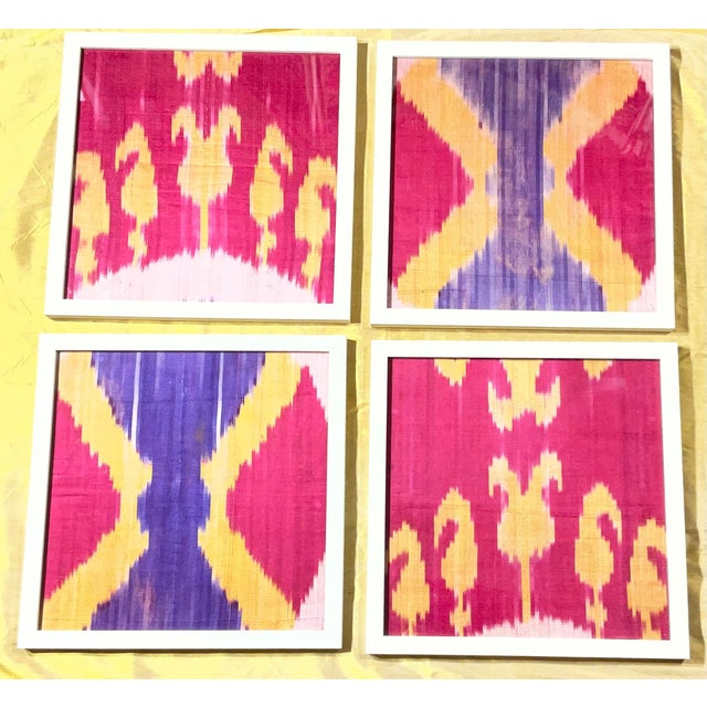 Vibrant Silk Ikat Framed Collection – Bohemian Luxury Textile Art (Set of 4) For Sale - Image 13 of 15