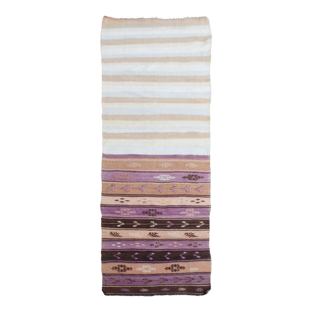 1970s Vintage Handmade Wool Cotton White Beige Kilim Runner Rug For Sale