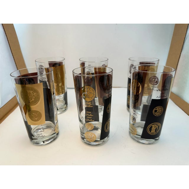 Mid century modern set of 6 rock glass 1960s gold presidential coins. It is in perfect condition.