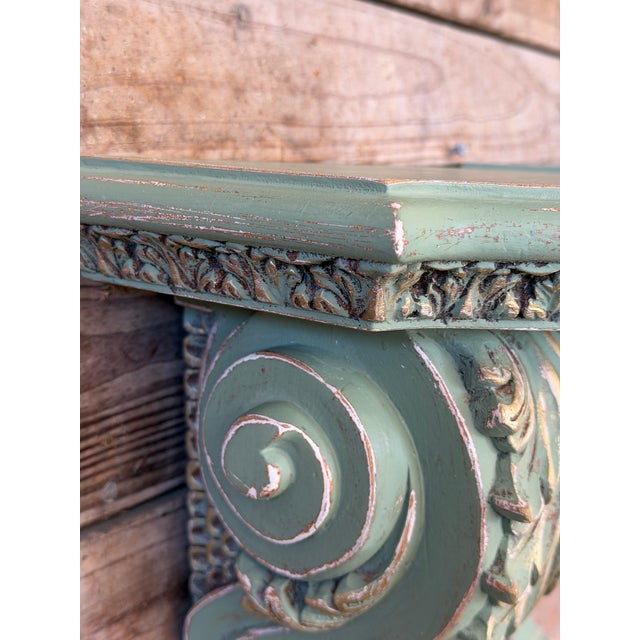 Wood Pair of Carved Acanthus Wall Bracket Shelves / Corbels in Distressed Green Finish For Sale - Image 7 of 12