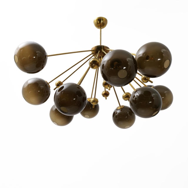 Mid-Century Modern Galaxy Chandelier in Brass and Fumé Murano Glass, 2000 For Sale - Image 3 of 10