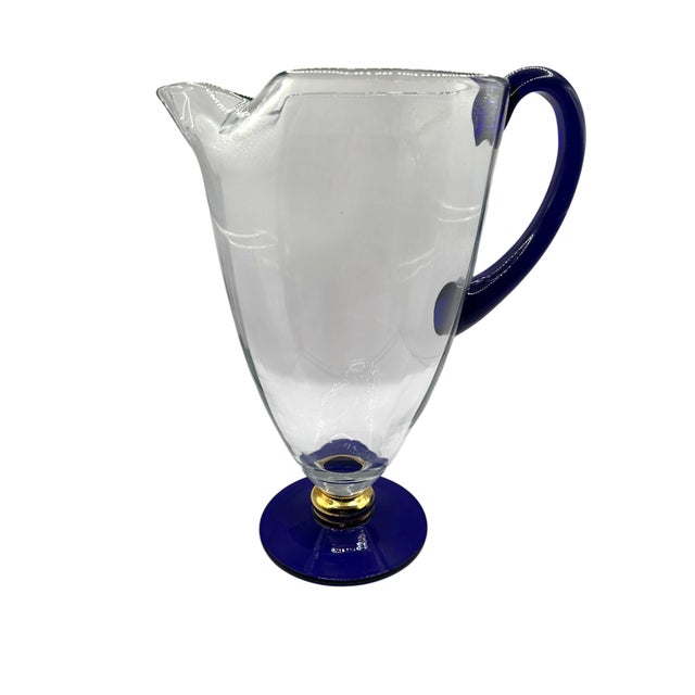 Vintage Romanian Cobalt Blue and Gold Crystal Pedestal Pitcher For Sale - Image 12 of 12