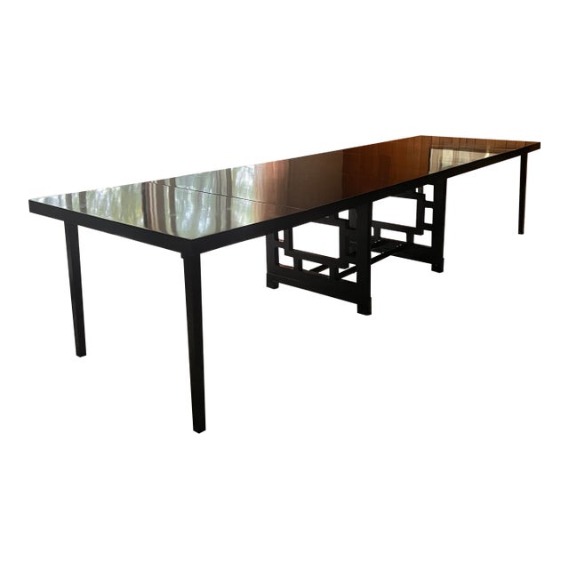 Mid 20th Century Black Lacquer Extension Dining Table With Asian-Inspired Fretwork Base, Two Leaves and Custom Protective Pads For Sale