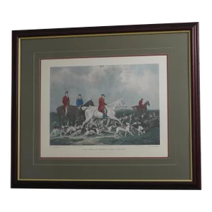 English Hunt Scene Colored Engraving Framed & Matted