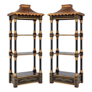 20th-C. Chinoiserie Black and Gilt Painted Pagoda Wall Shelves - Pair For Sale