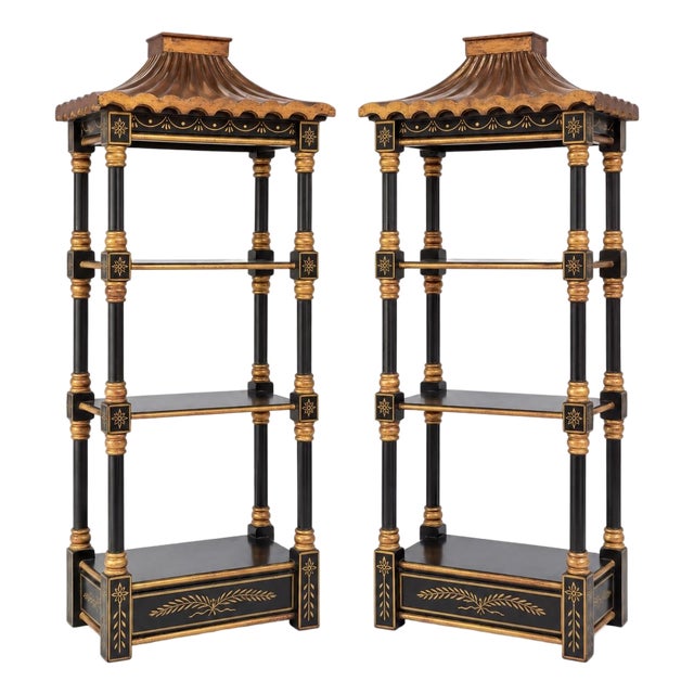 20th-C. Chinoiserie Black and Gilt Painted Pagoda Wall Shelves - Pair For Sale