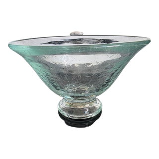 Monte Dunlavy Blenko Hand-Blown Crackle Glass Pedestal Bowl- Stamped Signature For Sale