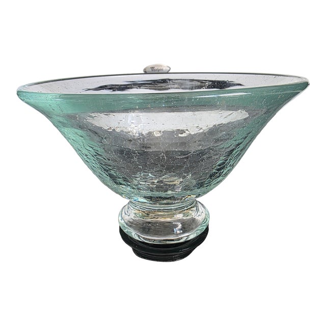 Monte Dunlavy Blenko Hand-Blown Crackle Glass Pedestal Bowl- Stamped Signature For Sale