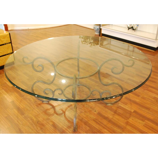 Round Glass-Top Dining Table With Iron Curlicue Base | Chairish
