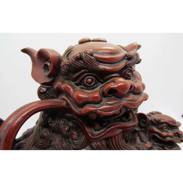 Plastic Vintage 1960s Large Brown-Crimson Resin Foo Dog Palace Lion With Young For Sale - Image 7 of 11