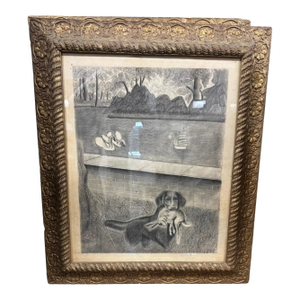 19th Century John Brightman-Crockett Dog With Rabbit and Swans Pencil Drawing