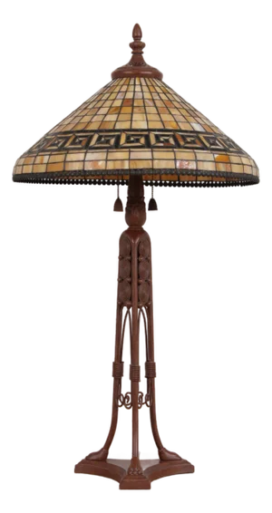 1990s Quoizel Tiffany Greek Key Leaded Glass Table Lamp