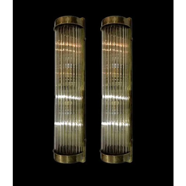 Metal Vintage Art Deco Skyscraper Rod Ship Light Wall Sconces Fixture in Brass & Glass - a Pair For Sale - Image 7 of 8