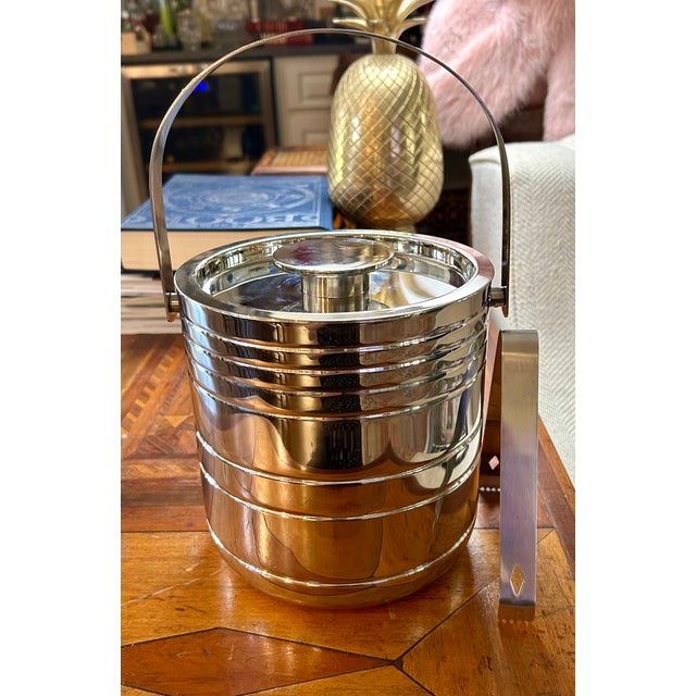 Late 20th Century Vintage Stainless Steel Ice Bucket With Tongs For Sale - Image 5 of 7