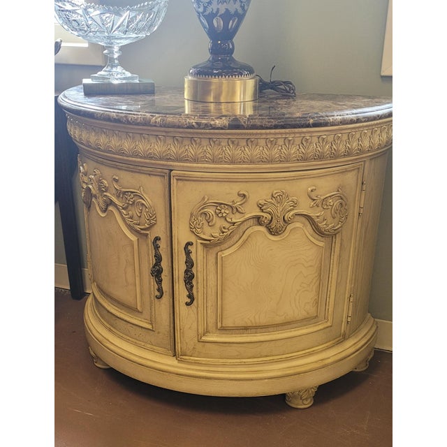 Off-white 1990s Fine Pair of Contemporary Marble Top Demilune Dresser For Sale - Image 8 of 10