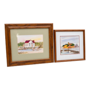 Pair of Nautical Watercolor Fishing Boats Seafood Market Paintings Signed George D Post