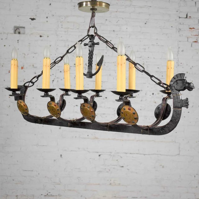 Black Antique Gothic or Spanish Revival Style Cast Iron Chandelier Viking Longboat Ship With Horse Head and Shields For Sale - Image 8 of 13