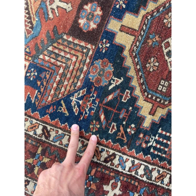 1920's Ancient Nomadic Northwest Persian Karaja Indigo, Clay & Forest Green Runner Rug 3.2 X 13.5 For Sale - Image 4 of 12