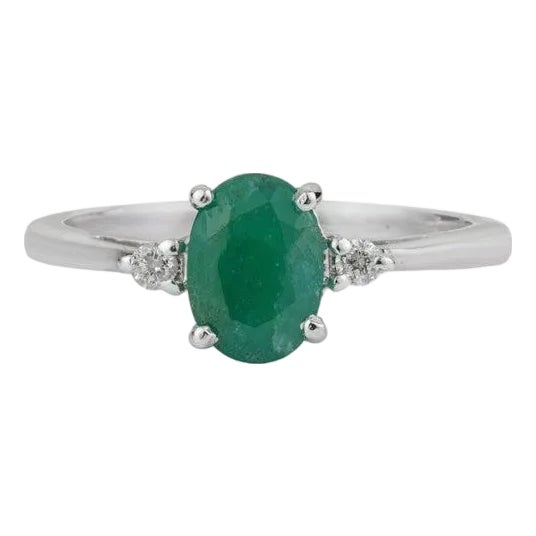 Everyday Oval Emerald Gemstone and Diamond Ring in Sterling Silver, Size 6 For Sale