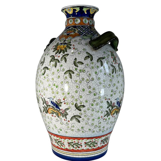 17+ In. Tall Chinese Jug Vase Stylized Blue Songbird, Fruit & Leaf Pattern For Sale - Image 11 of 18
