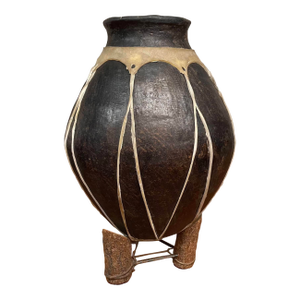 Vintage African Clay Vessel With Rawhide Trim on Custom Stand Pottery Jar