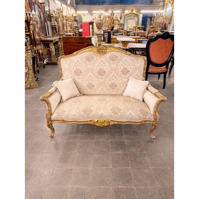 White Vintage Rococo Canapa Loveseat Blush Beige Damask Upholstery For Sale - Image 8 of 8