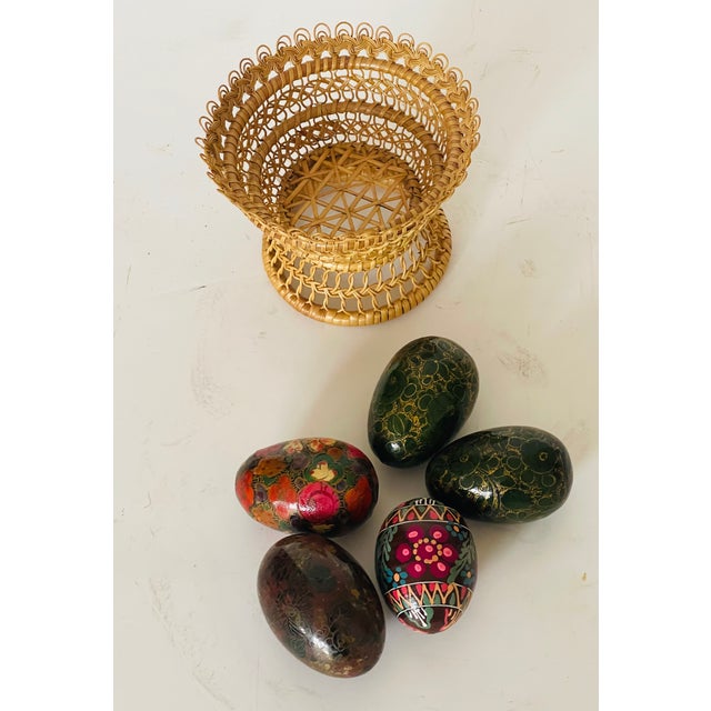 Shabby Chic Easter Handpainted Wood Eggs in Basket For Sale - Image 3 of 3