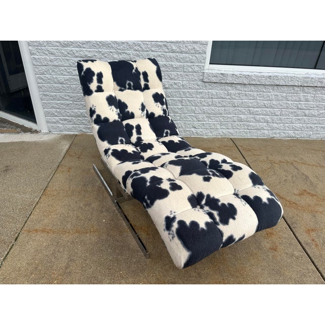 1970’s Milo Baughman style “Wave” or “Hug” cantilever chrome base chaise lounge from Carson’s Furniture Co. Upholstered in...