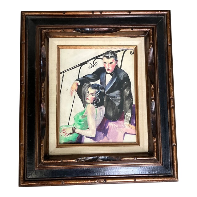 1930’s Original Art Deco Party Guests Watercolor Painting For Sale