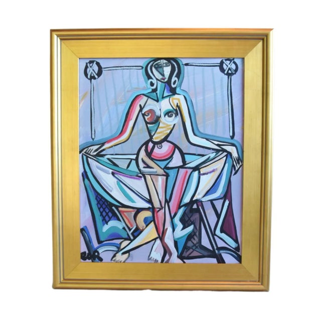 Wood Contemporary Modern Cubism Listed Artist Nude Oil Painting Including the Antiqued Gold Wood Frame For Sale - Image 7 of 7