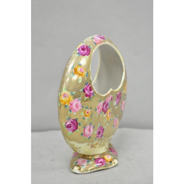 Antique Japanese Nippon Hand Painted Porcelain Gold Gilt Handle Moon Basket Vase For Sale - Image 13 of 17