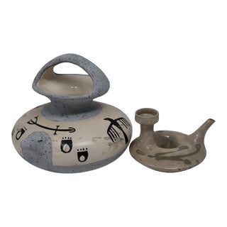 Signed Betty Selby Figural Vase & Japanese Tokoname Ring-Form Sake Vessel — Set of 2 For Sale