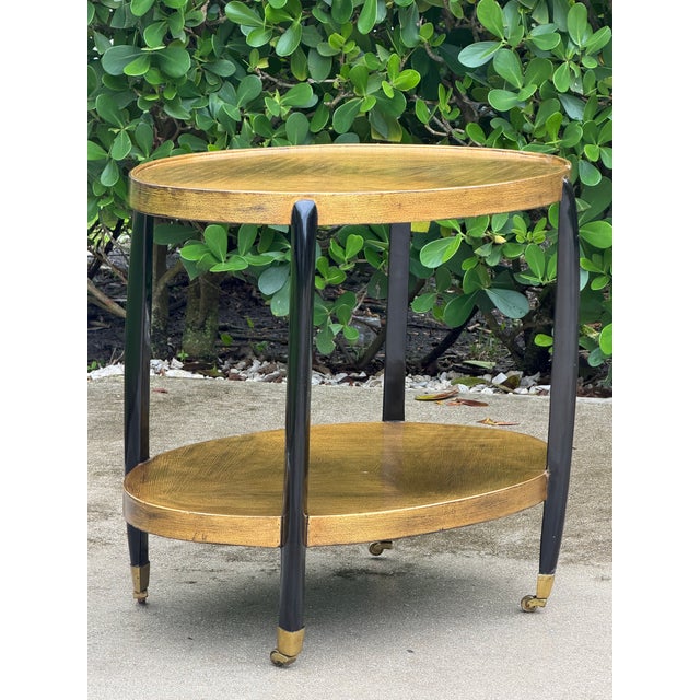 Postmodern Vintage Gold and Black Oval Bar Cart on Brass Casters For Sale - Image 3 of 12