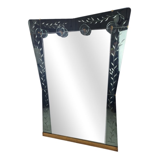 Large Vintage Entrance Mirror in Engraved Glass with Brass and Molar Glass, 1960s For Sale