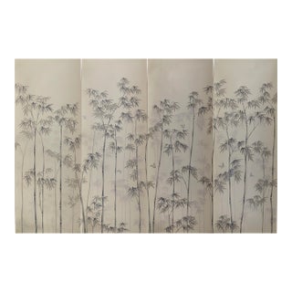 Hand-Painted Beige Ink Wash Bamboo Chinoiserie Mural Panels | Asian Botanical Wall Art Set of 4 For Sale