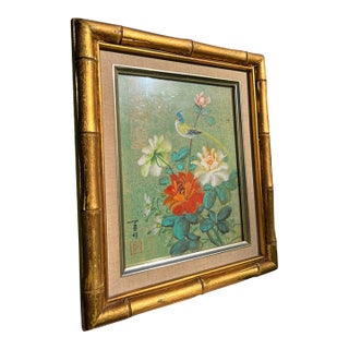 Vintage Asian Original Blue & Yellow Bird With Flowers Painting For Sale