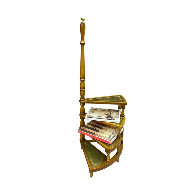 Vintage English Wood Library Spiral Step Ladder With Green Tooled Leather Tread Insets For Sale - Image 17 of 18