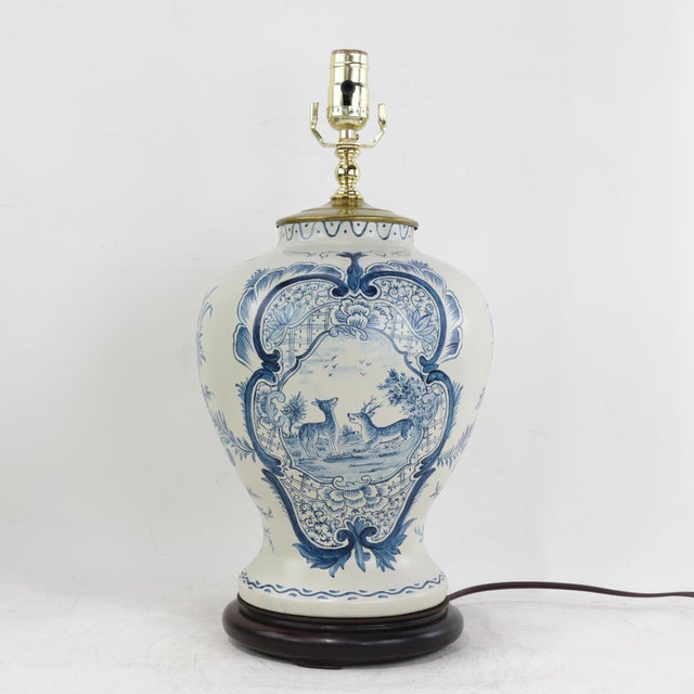 Folk Art Pair of Vintage Hand Painted Blue and Cream Ceramic Table Lamps With Deer and Floral Folk Art Design For Sale - Image 3 of 14