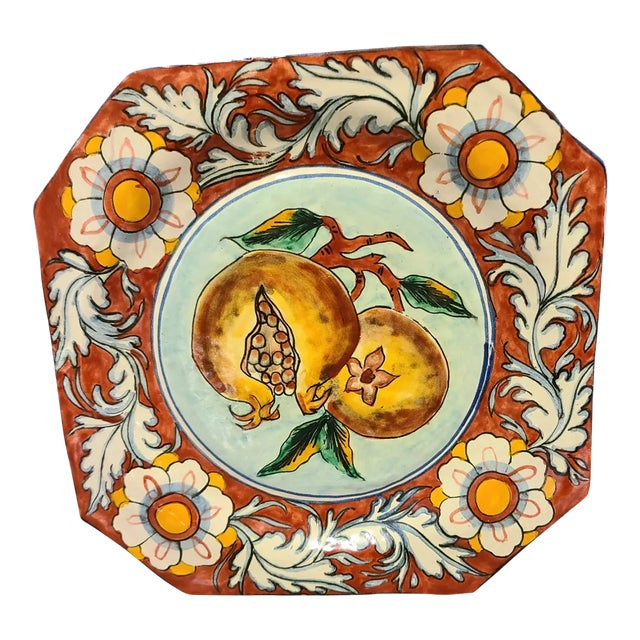 Late 20th Century Italian Majolica Hand Painted Floral Pomegranate Platter Wall Hanging #2 For Sale