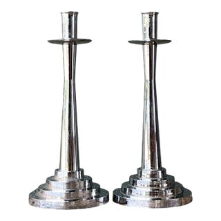 Vintage Stepped Base Chrome Candlesticks For Sale