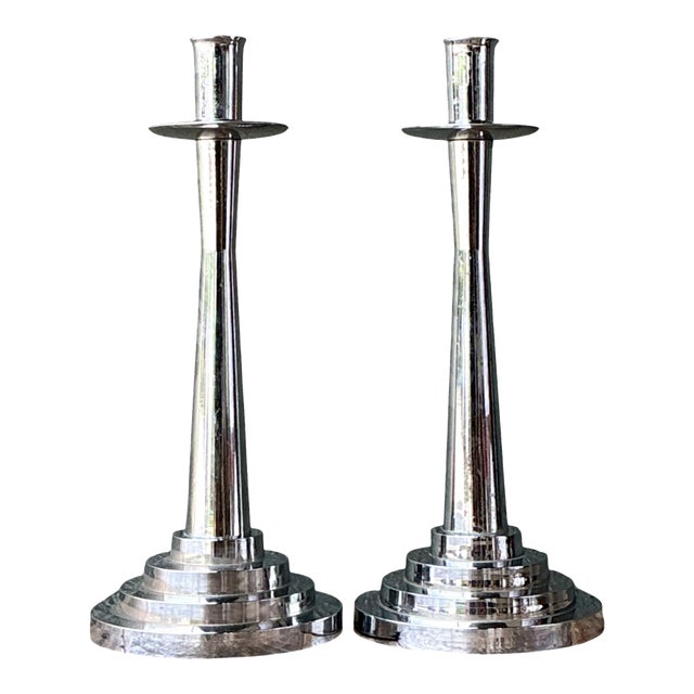 Vintage Stepped Base Chrome Candlesticks For Sale