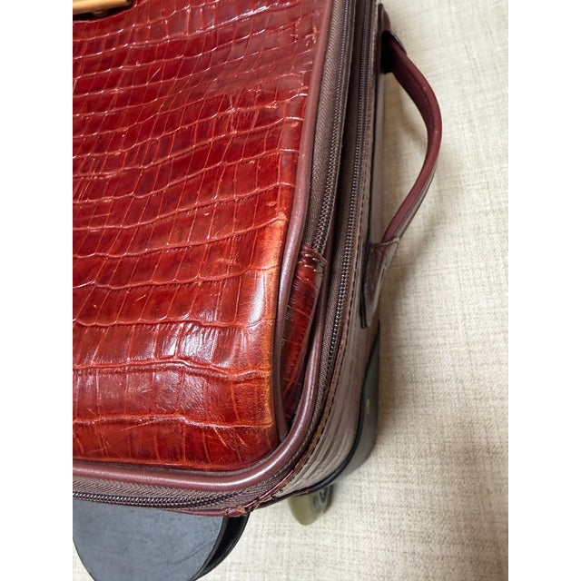 Embossed Crocodile Leather Trolley Luggage, Maroon For Sale - Image 11 of 13
