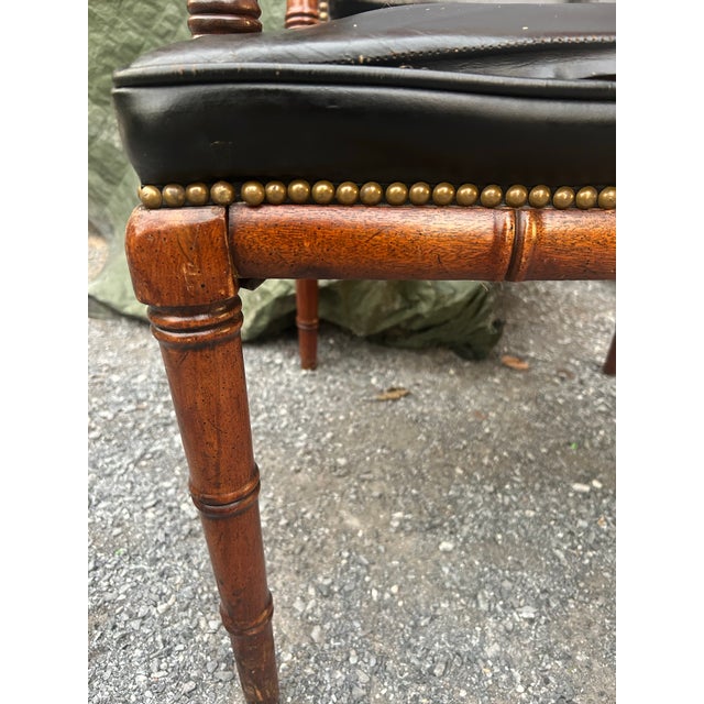 1960s Mid-Century Hollywood Regency Faux Bamboo & Tufted Black Leather Armchair For Sale - Image 5 of 11