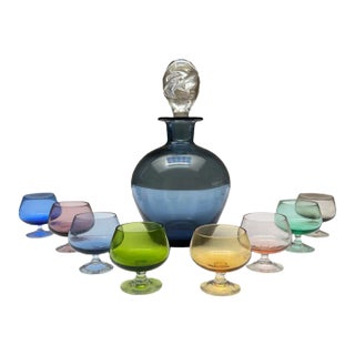 Mid-Century Glass Decanter Set With 8 Multicolor Cordial Glasses For Sale