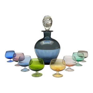 Mid-Century Glass Decanter Set With 8 Multicolor Cordial Glasses