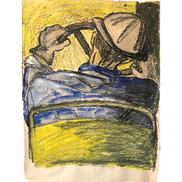 Mid Century "Driver With Hard Hat" Gouache and Oil Pastel Figurative 1960s Sf For Sale