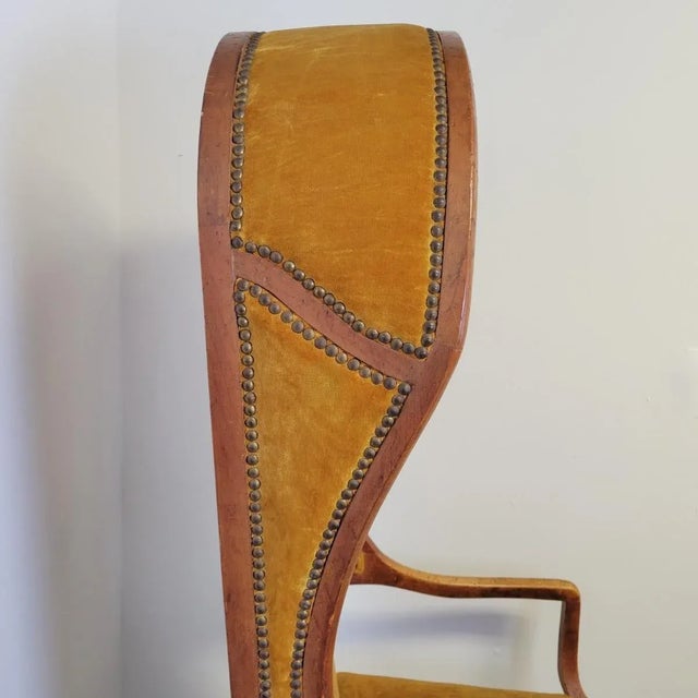 1970s French Revival Porter’s Canopy Chair in Fruitwood and Ochre Velvet For Sale In Raleigh - Image 6 of 11