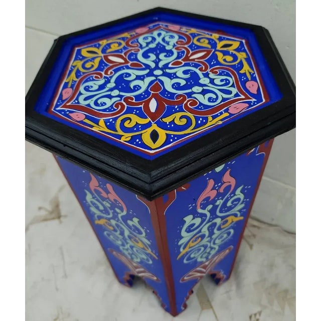 Moroccan Hexagonal Hand Painted Wooden Side Table in Majorelle Blue Zouak For Sale - Image 4 of 7