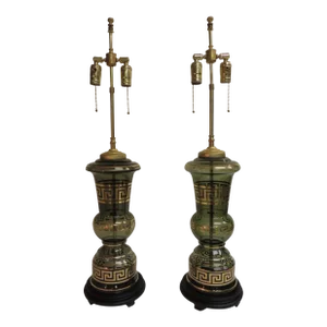 Antique Smoked Glass and Gold Greek Key Details Table Lamps - A Pair