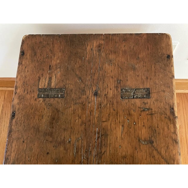 Brown Antique Wooden Farmhouse Bench For Sale - Image 8 of 9